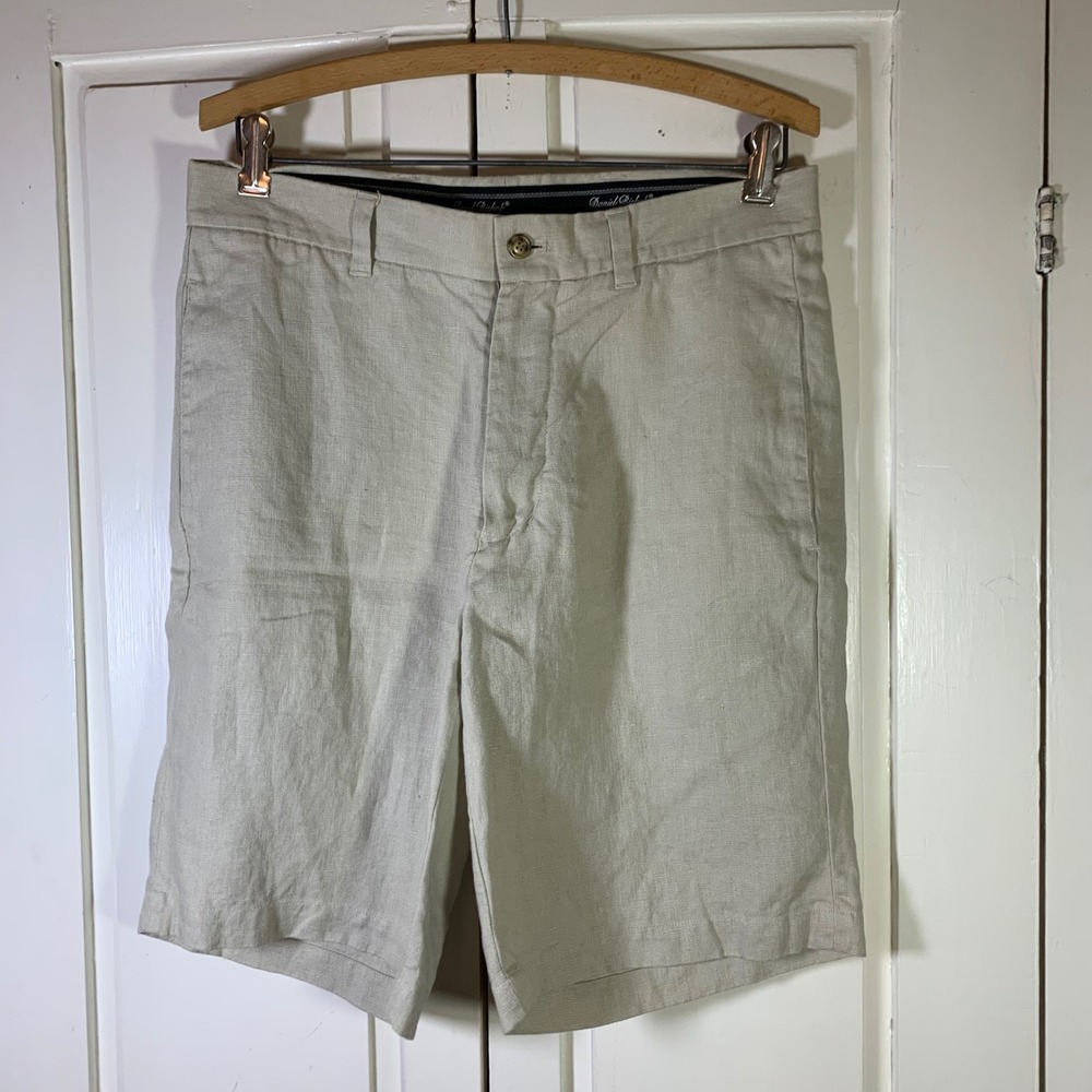 Daniel Bishop Mens 100% Linen Shorts Beige‎ Oatmeal Flat Front Size 32 33x9.5